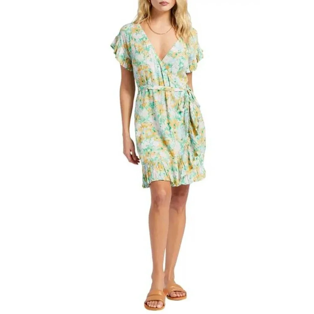 Billabong Floral Wrap Dress Ruffle Sleeve Summer Resort Womens Size Large - Picture 3 of 8